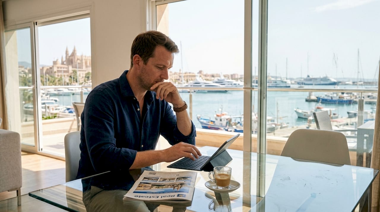 Investor reviewing Mallorca property listings at home
