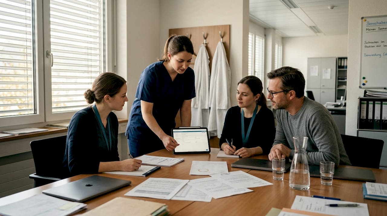 Das Team bespricht gemeinsam die neue Software für die Praxis.