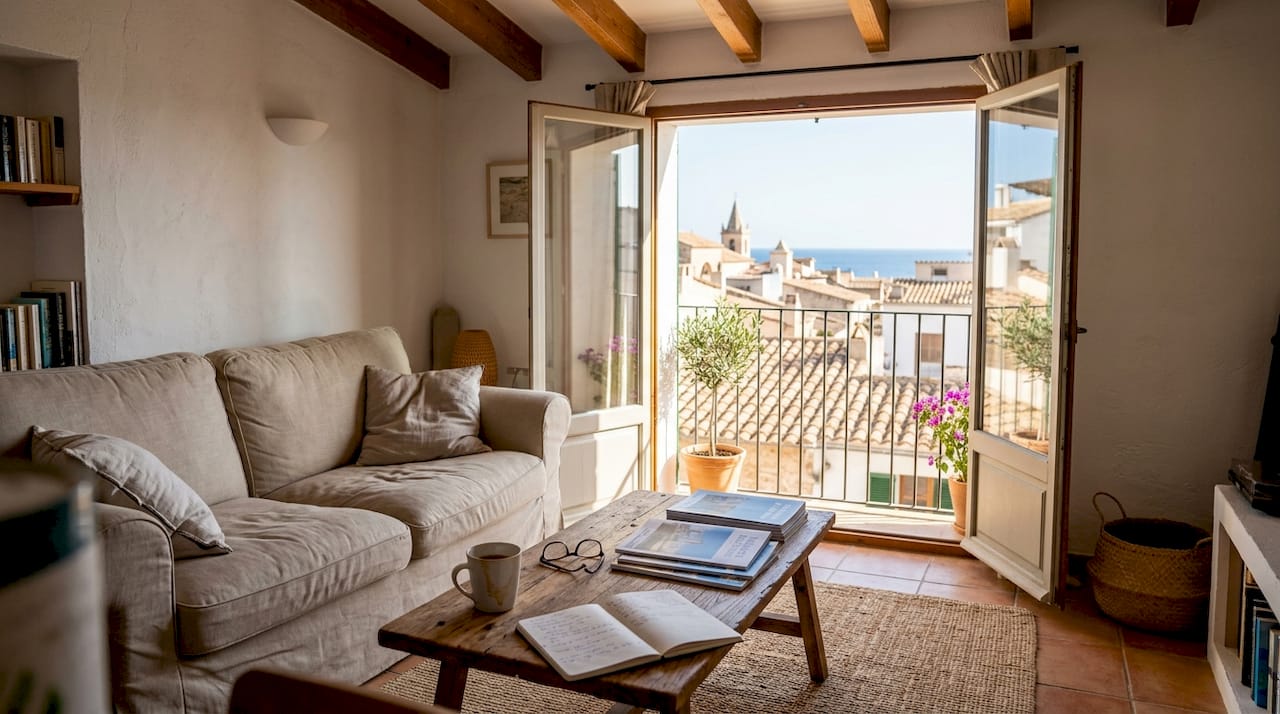 Couple reviewing Mallorca property listings in apartment