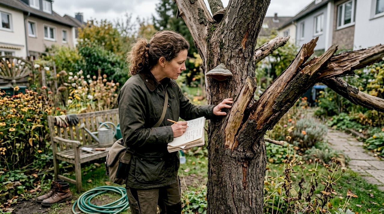 Eine Gartenexpertin nimmt das Totholz unter die Lupe und prüft, wie es sich auf das Ökosystem auswirkt.
