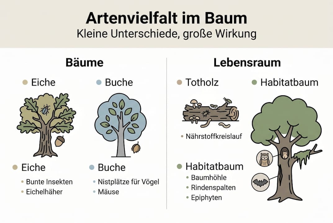 Infografik: Vielfalt der Baumarten und ihre Bedeutung für die Biodiversität