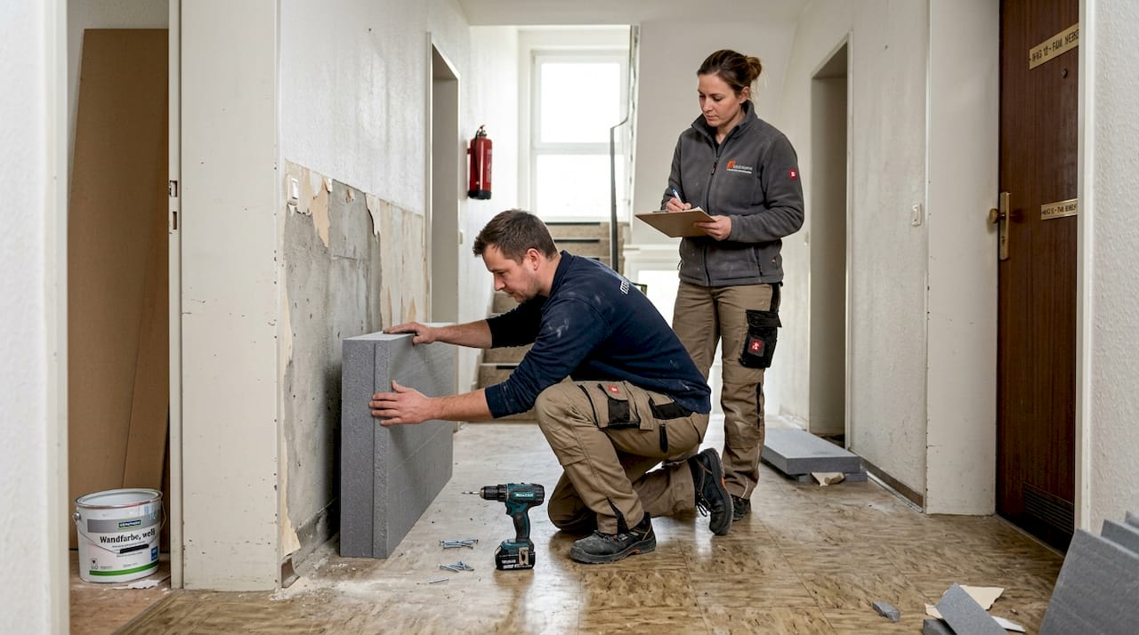 Handwerker prüfen die Dämmung in einer Wohnung im Rahmen von Renovierungsarbeiten.