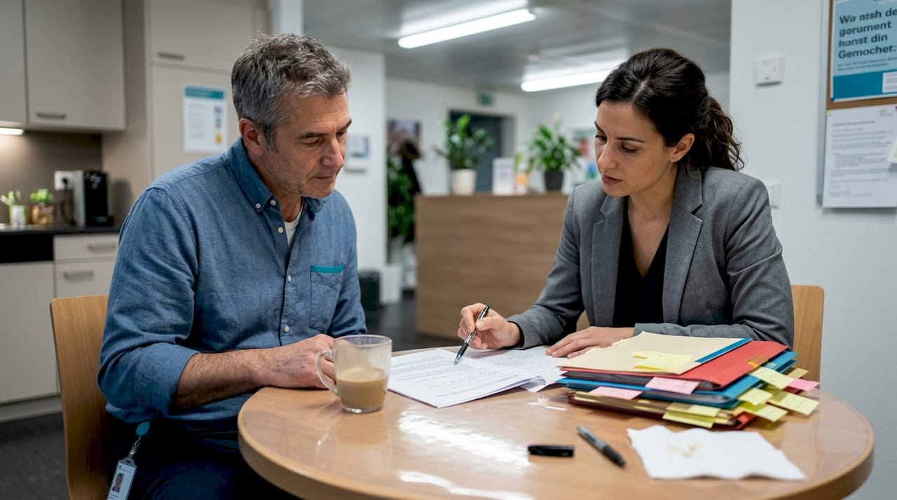 Im Pausenraum der Praxis bespricht das medizinische Team gemeinsam wichtige Unterlagen.