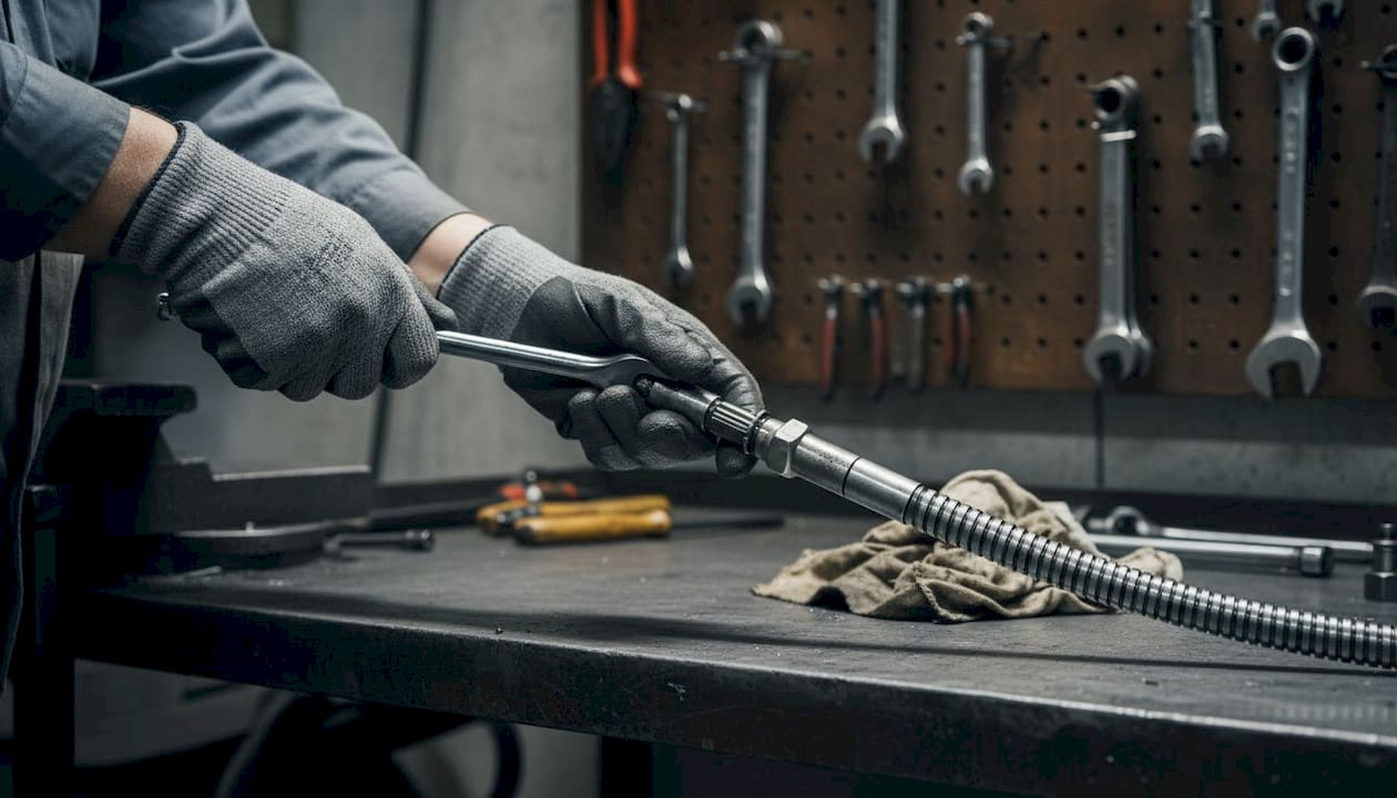 Hände setzen eine universelle flexible Welle zusammen