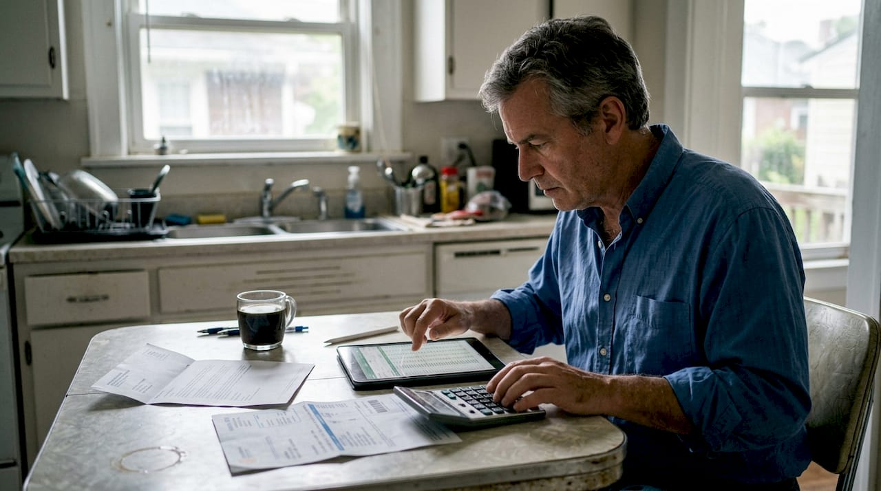 Man reviewing property costs at kitchen table