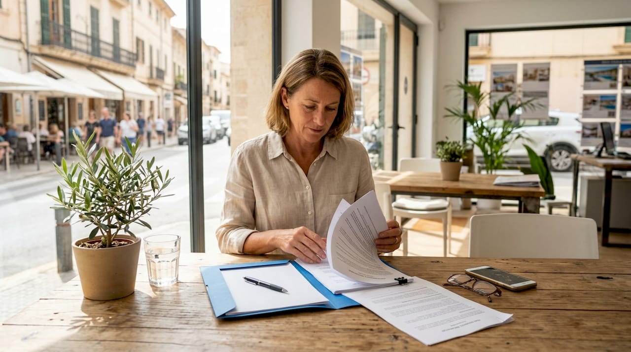 Buyer reviewing property documents in Mallorca office