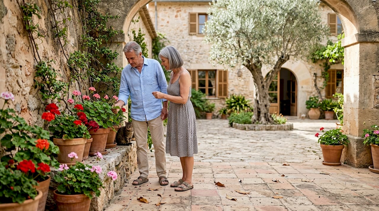 Couple in Mallorca finca courtyard checking plants