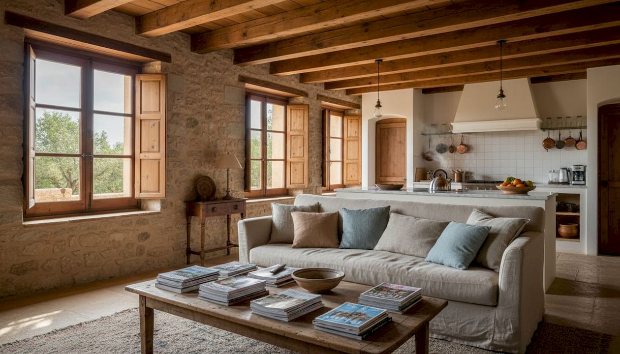 Person relaxing in a rustic finca living room