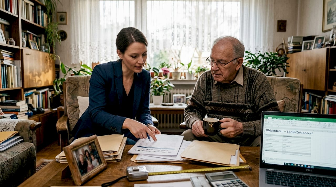 Ein Makler spricht in entspannter Wohnzimmeratmosphäre mit den Eigentümern über den aktuellen Wert ihrer Immobilie.