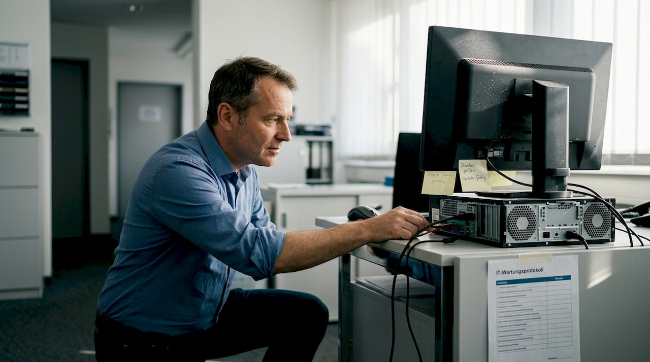Ein Techniker überprüft die Computeranlage im Sprechzimmer der Praxis.
