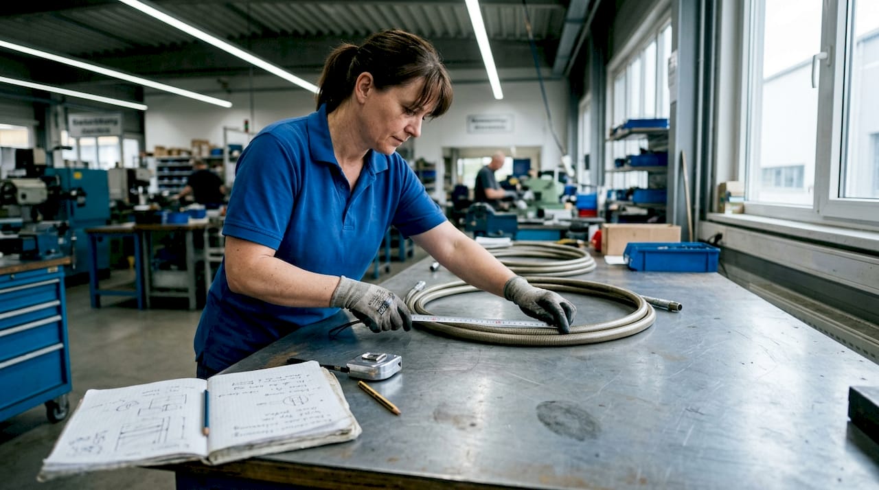 Ein Techniker überprüft eine flexible Welle auf dem Werktisch.