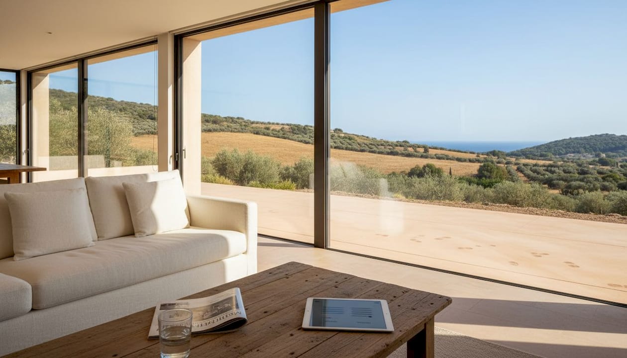 Woman uses tablet for home automation in Mallorca living room