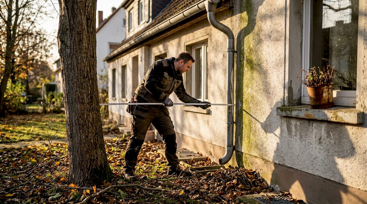 Ein Handwerker nimmt das Maß zwischen dem Baum und der Hauswand.
