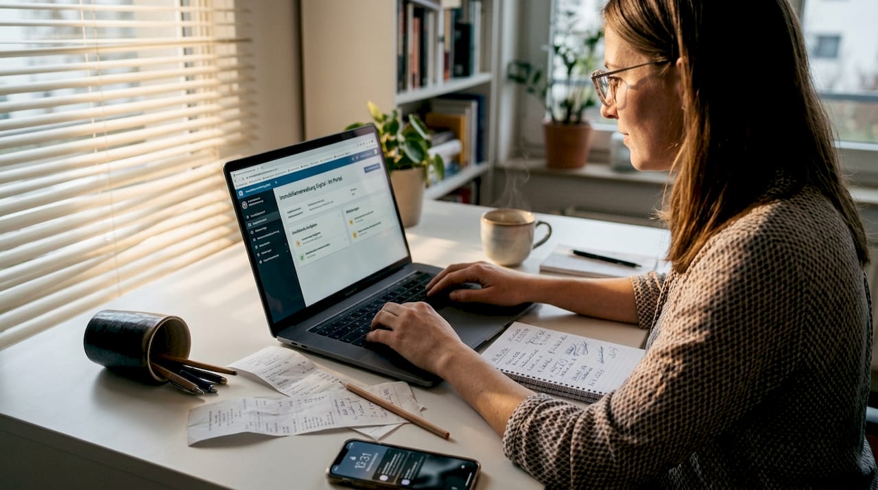 Eine Frau verwaltet ihre Immobilien bequem von zu Hause aus über ein Online-Portal.