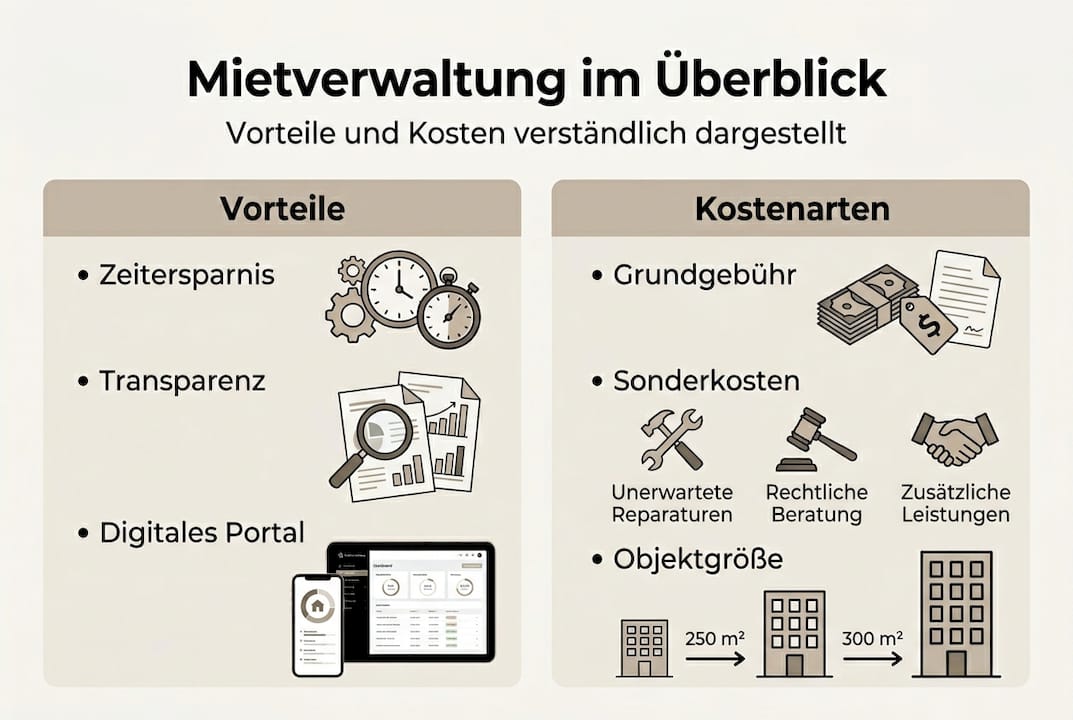 Infografik: Die wichtigsten Vorteile und Kosten der Mietverwaltung auf einen Blick