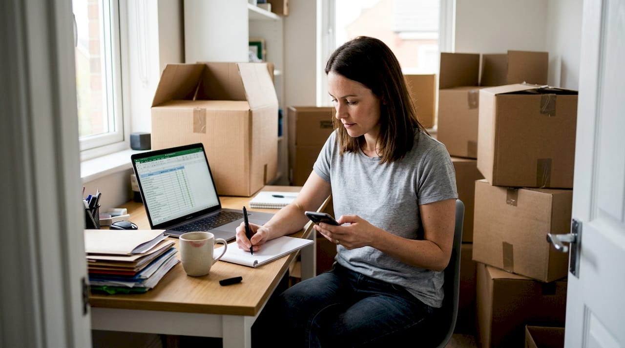 Woman organizing international relocation in home office