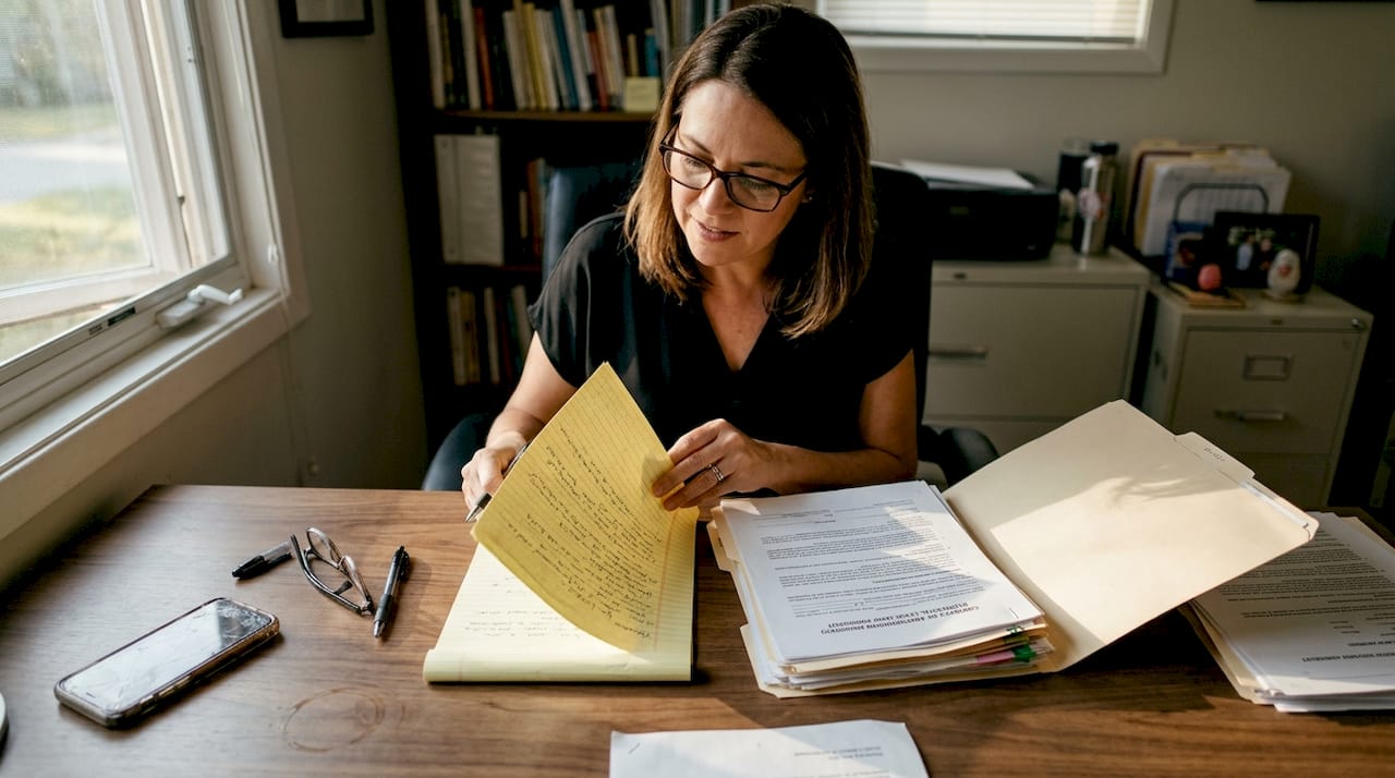 Agent reviewing property legal paperwork at desk