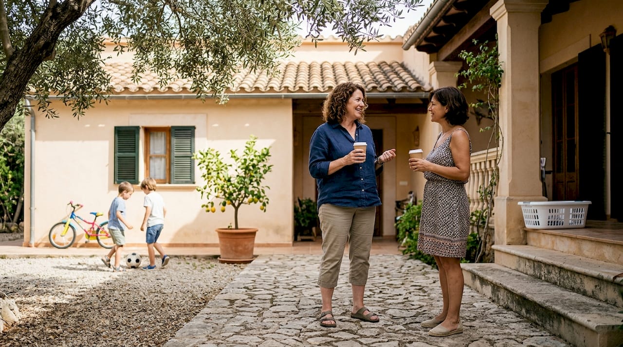 Families chatting in Mallorca villa neighborhood