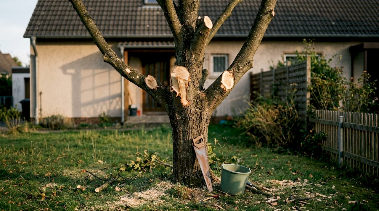 Ein stark zurückgeschnittener Baum mit deutlich sichtbaren Schnittstellen.