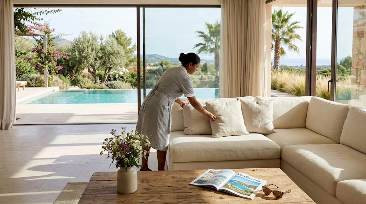 Housekeeper preparing sunlit Mallorca villa for rental