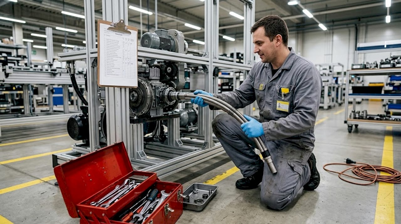 Technician installing flexible shaft in factory equipment