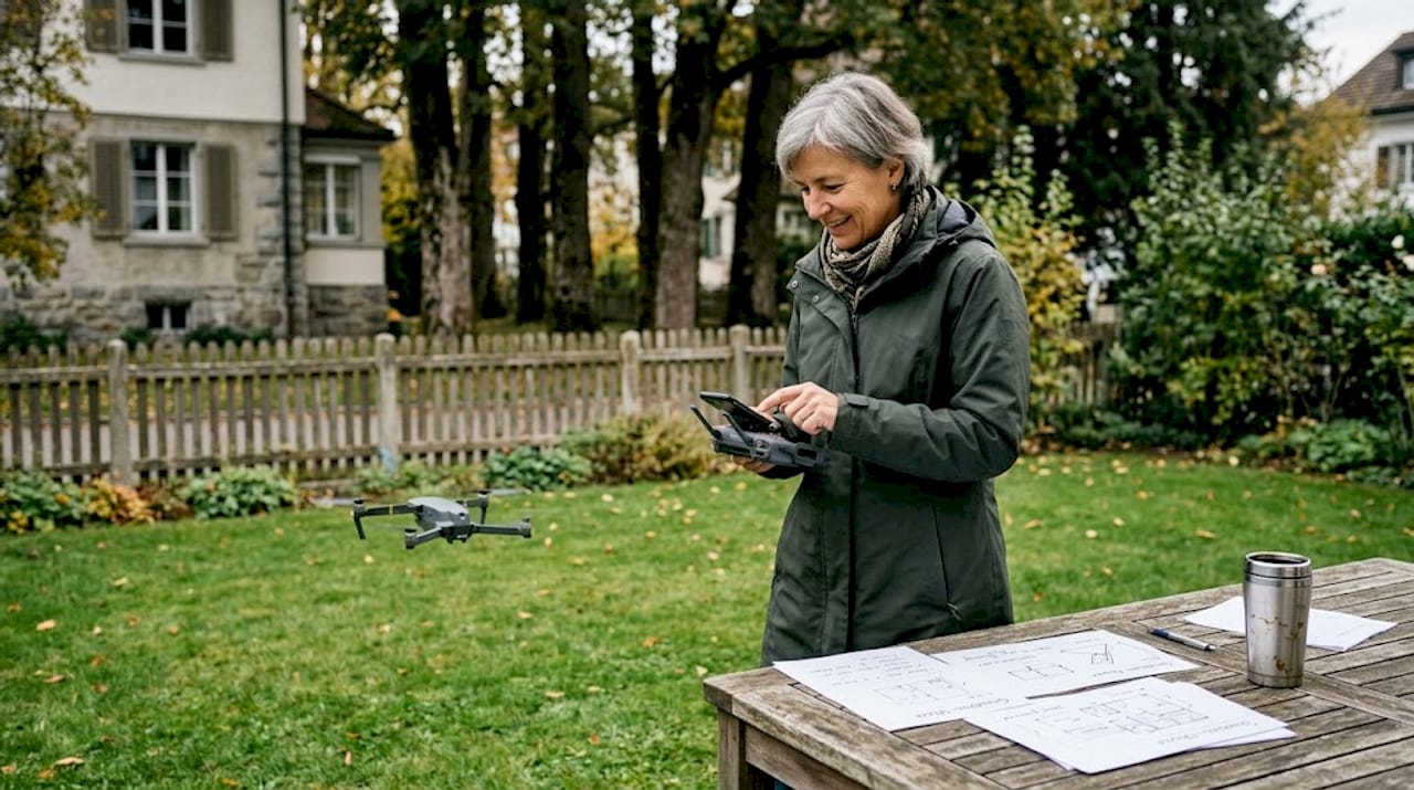Die Grundstücksbesitzerin verfolgt gespannt, wie mithilfe einer Drohne Baumdaten erfasst werden.