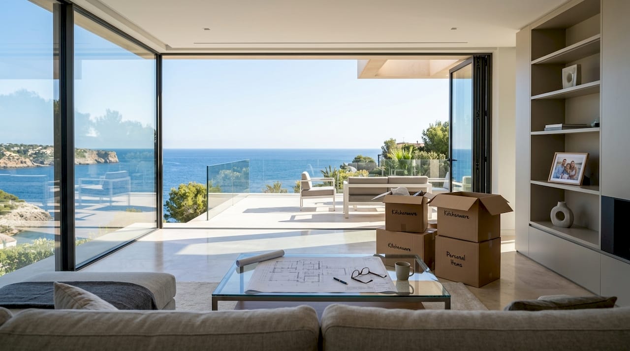 Couple viewing Palma villa interior with sea view