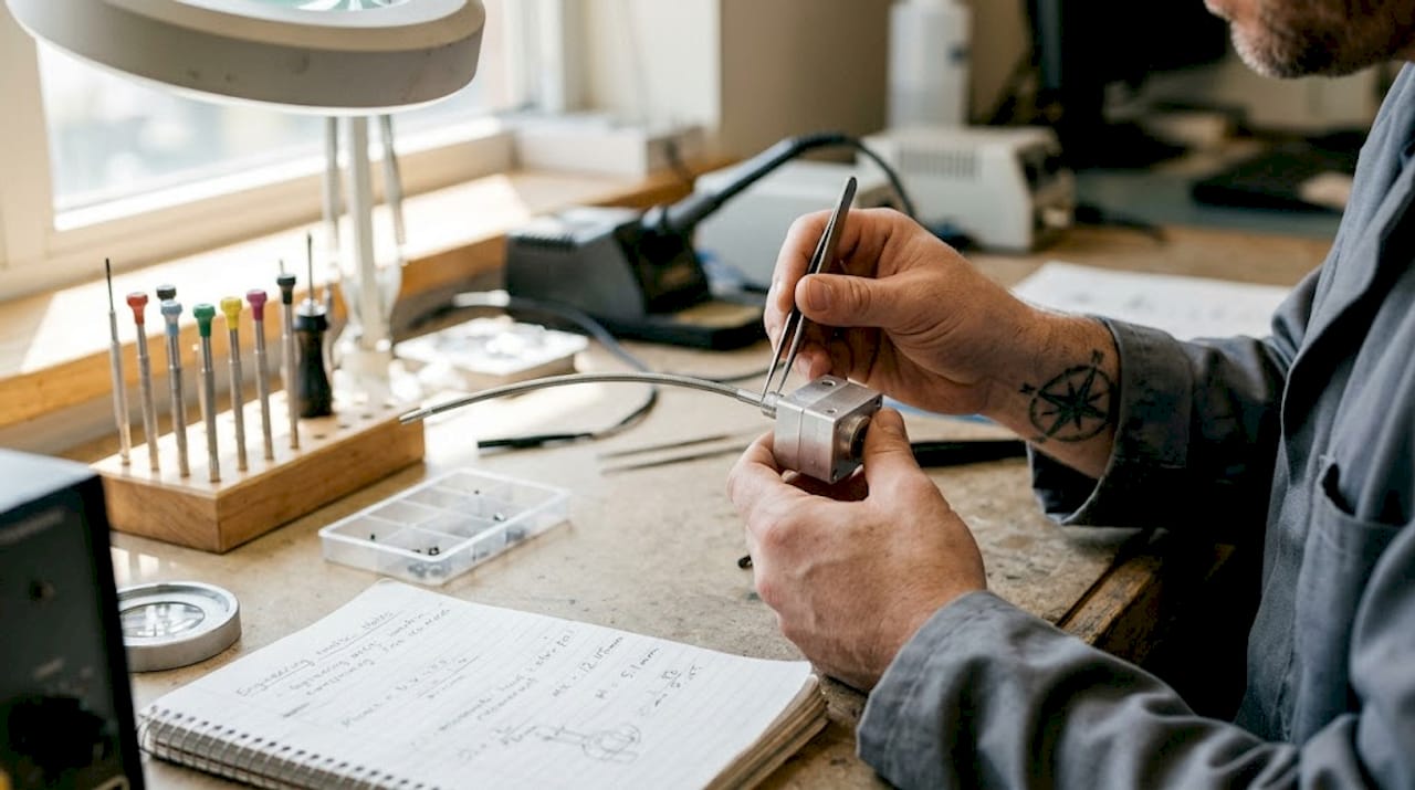 Technician assembling mini flexible shaft in lab