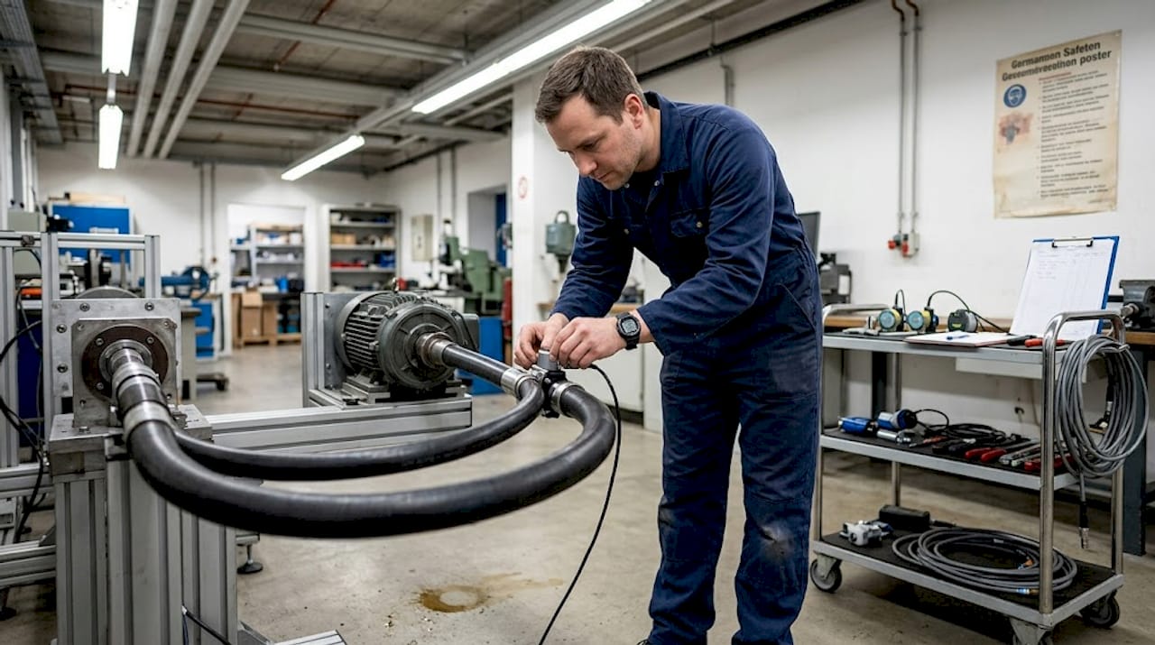 Ein Techniker montiert einen Sensor an einer vibrierenden Antriebswelle.
