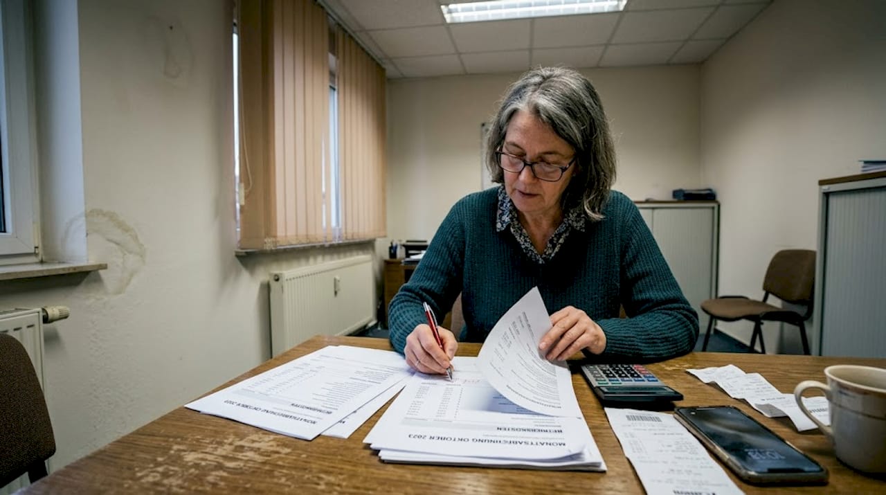 Der Hausverwalter überprüft im Besprechungsraum die aktuellen Kosten.