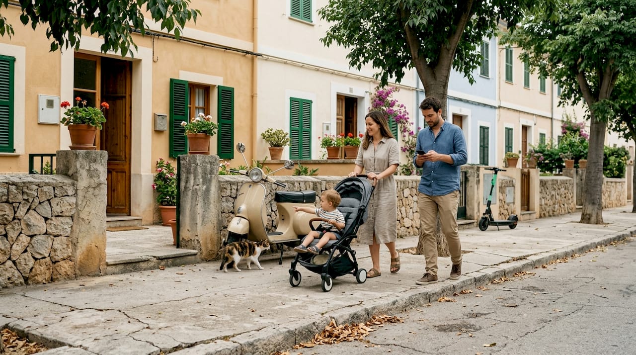 Family explores Mallorca residential neighborhood