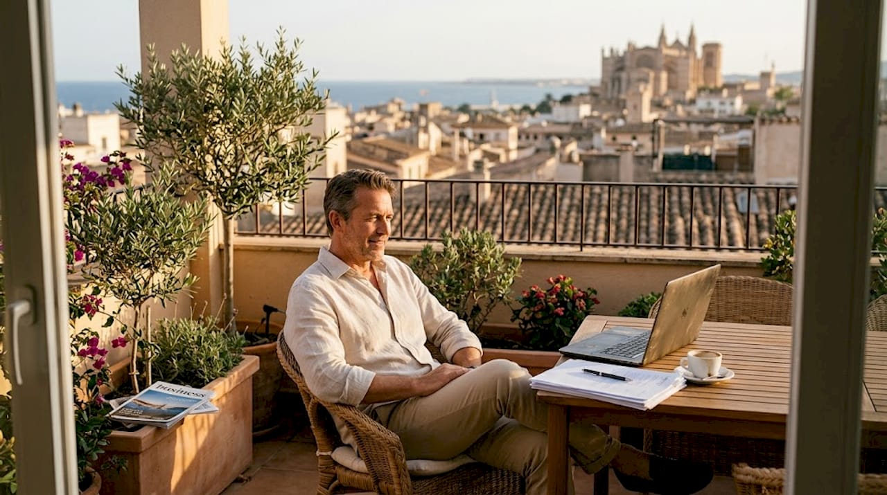 Investor working on penthouse terrace with Mallorca view