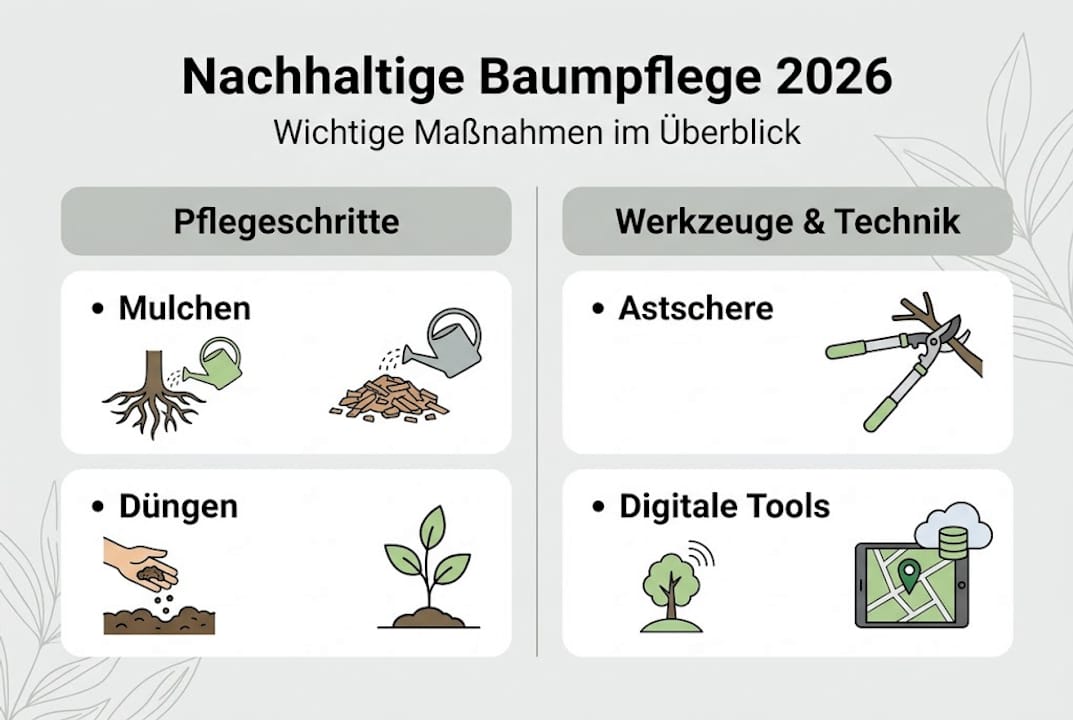 Infografik: Nachhaltige Baumpflege – Praktische Tipps und passende Werkzeuge