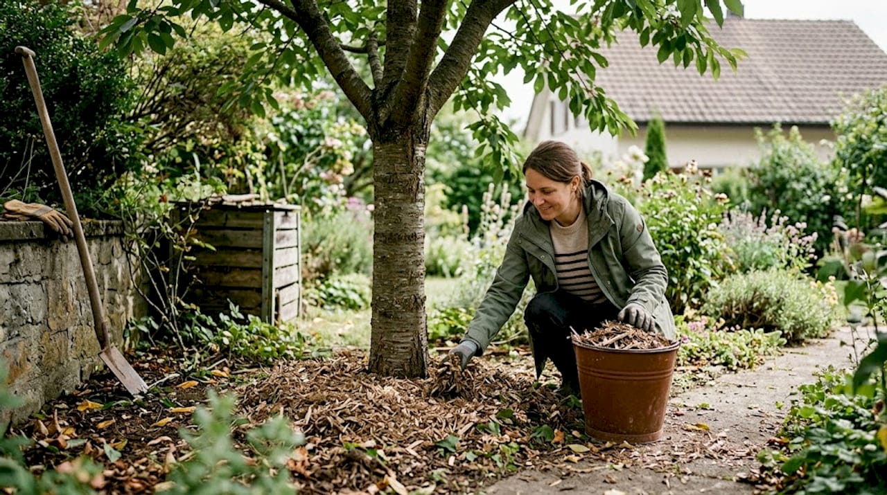 Eine Frau bedeckt den Boden rund um den Kirschbaum im Garten mit frisch gehäckseltem Schnittgut, um den Baum zu mulchen.