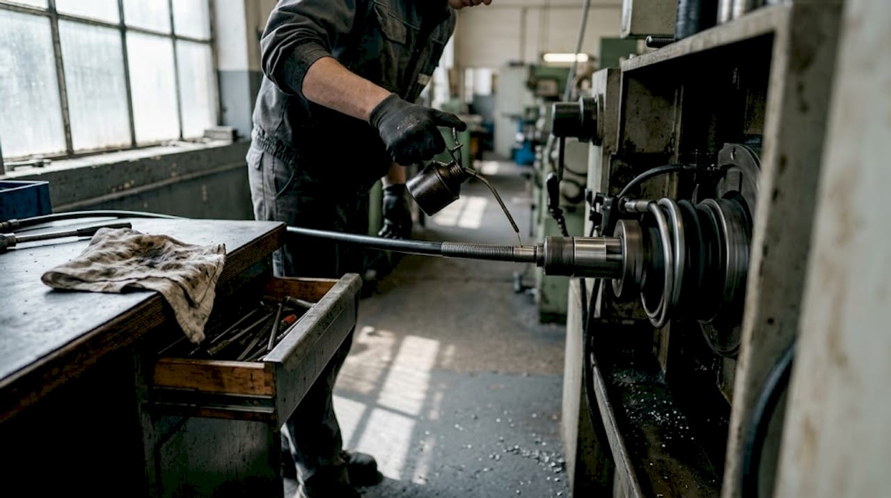 Mit der Hand wird Schmieröl auf die flexible Welle aufgetragen.