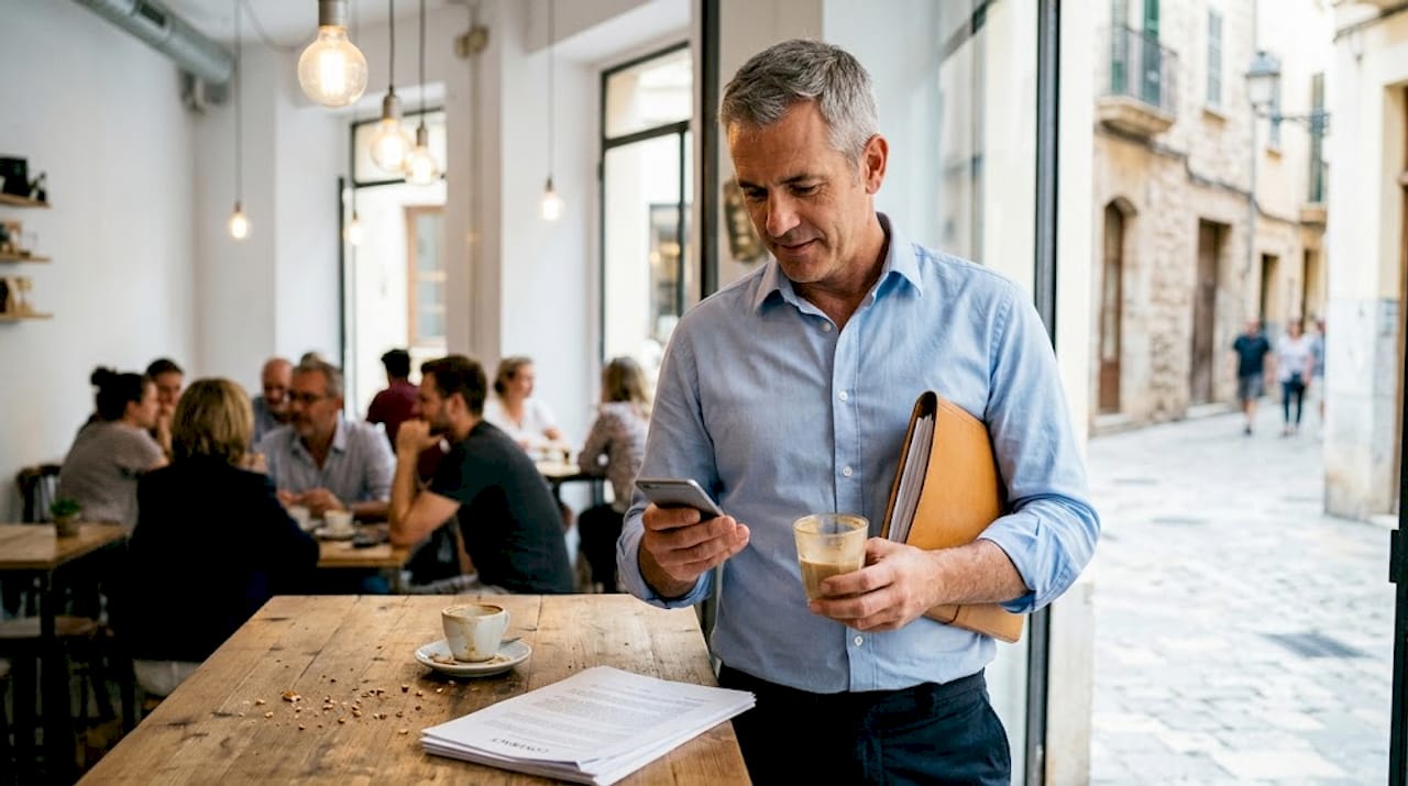 Independent agent connecting in Mallorca café