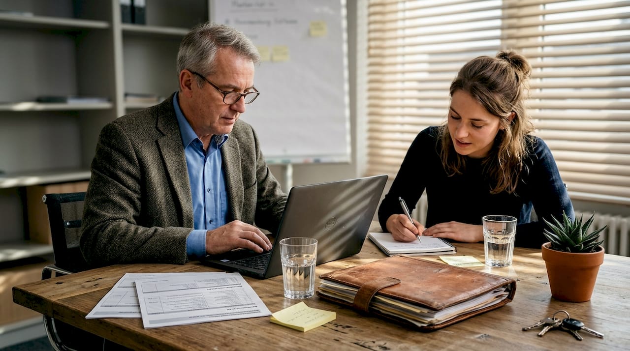Verwalter und Mitarbeiterin im Gespräch während der Eigentümerversammlung