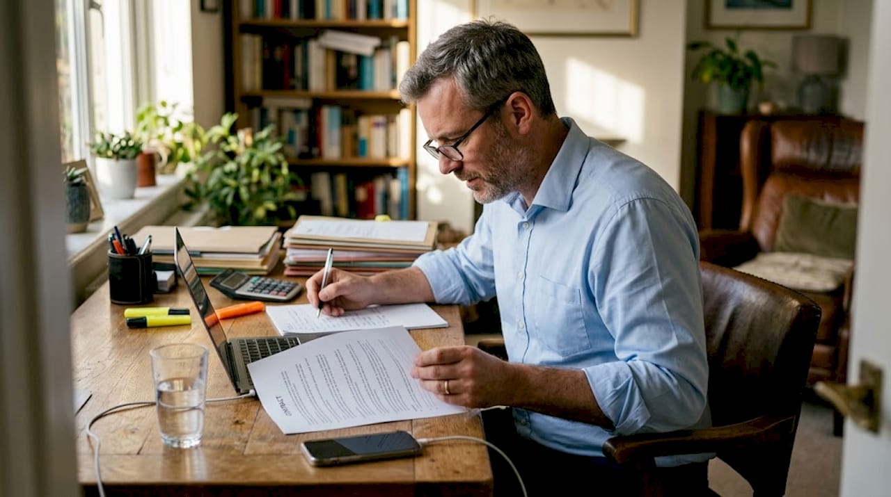 Lawyer reviewing contract in home office