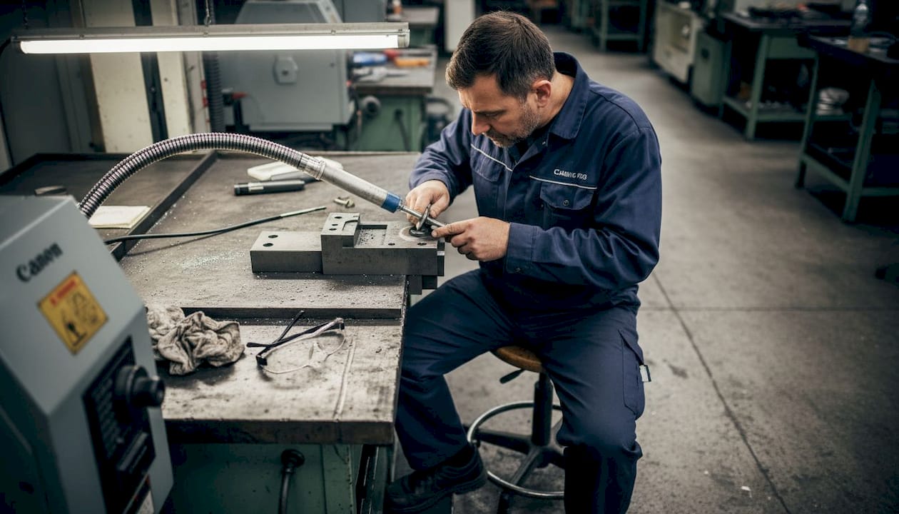Ein Monteur bringt mit einer Flexwelle ein Metallteil auf Hochglanz.