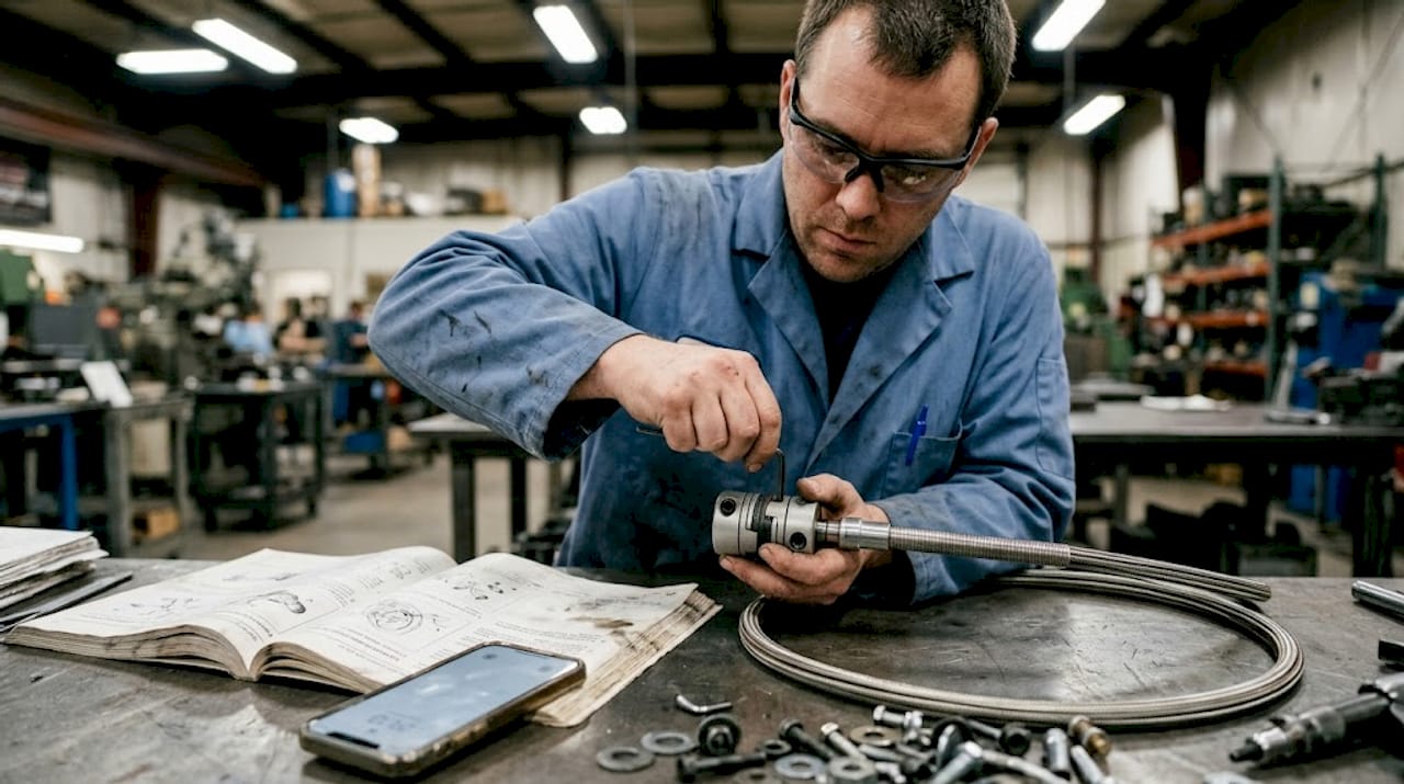 Technician repairs flexible shaft at workbench