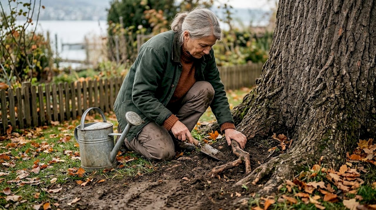 Eine Frau begutachtet die Eiche in ihrem Garten.