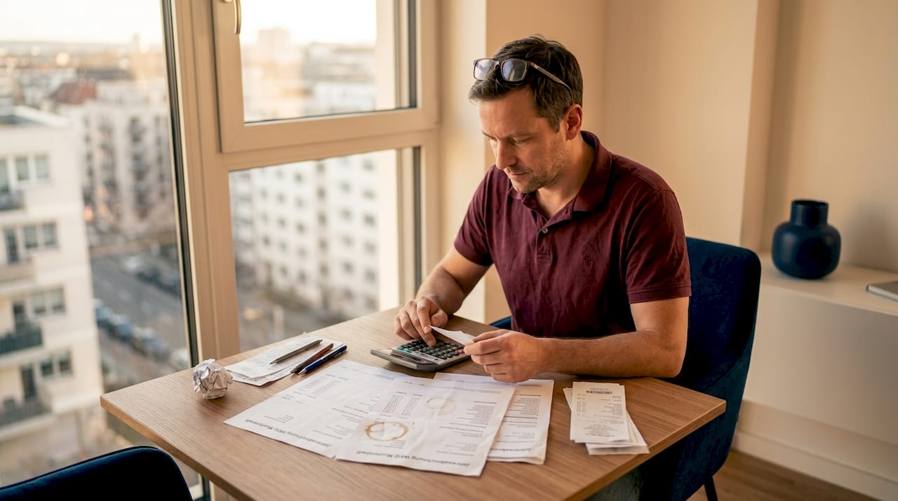 Ein Mitarbeiter überprüft die Abrechnungen mit dem Taschenrechner.