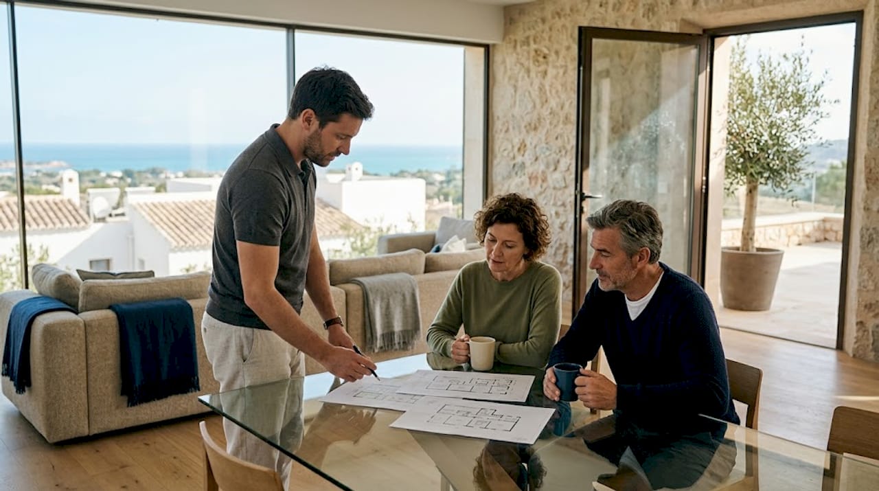 Real estate agent showing Mallorca villa plans