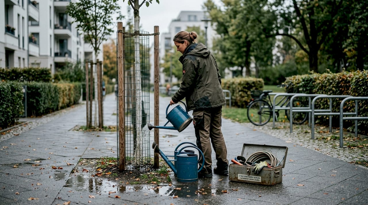 Eine Gärtnerin bewässert die Bäume entlang des Bürgersteigs.