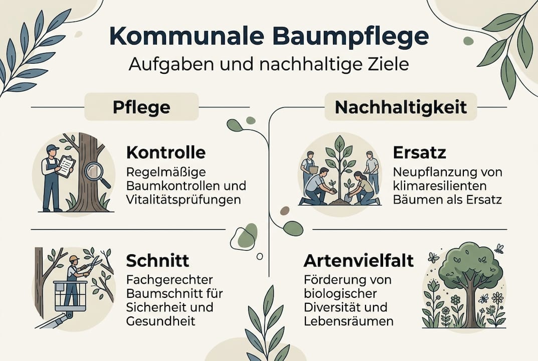 Die Infografik veranschaulicht anschaulich, welche Aufgaben und Zielsetzungen in der Baumpflege eine Rolle spielen.