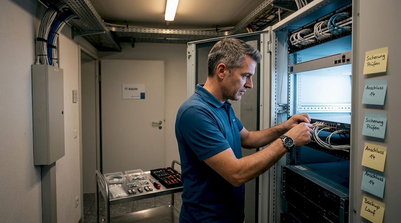 Im Serverraum der Praxis führt ein Techniker eine Kontrolle des Backup-Systems durch.