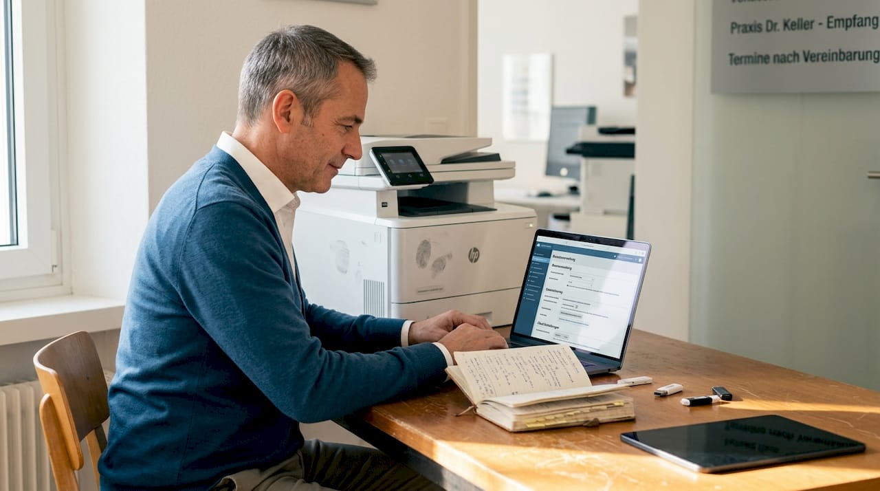 Der Praxisleiter testet die neue Cloud-Software direkt auf seinem Arbeitslaptop.