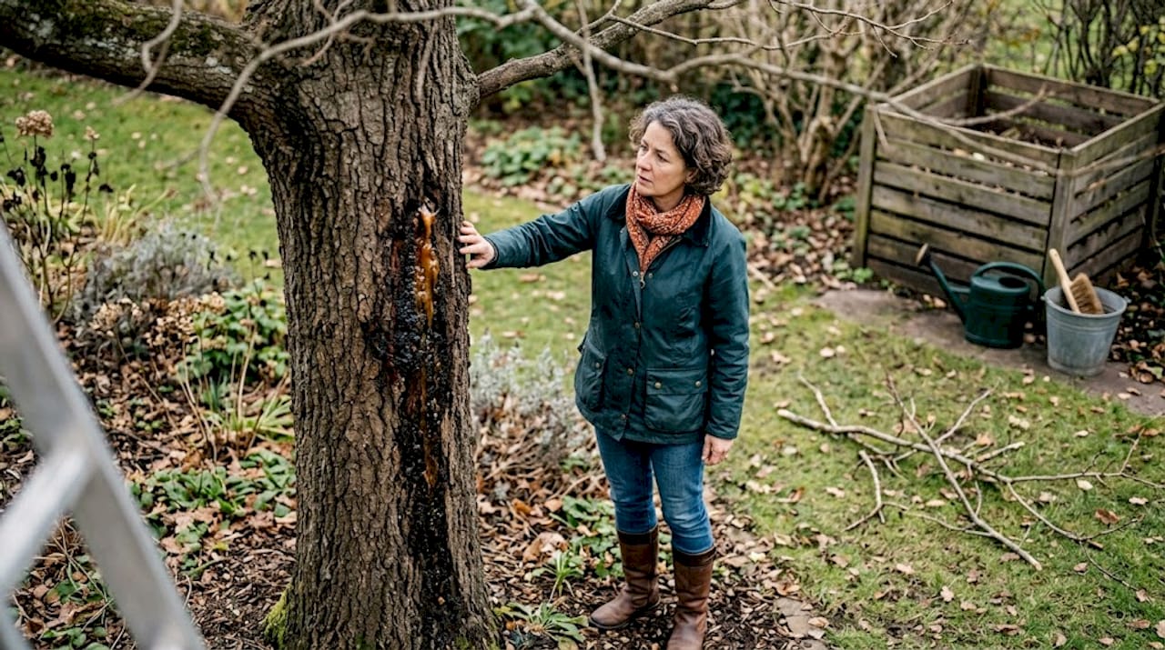 Eine Frau begutachtet die kranke Eiche in ihrem Garten.
