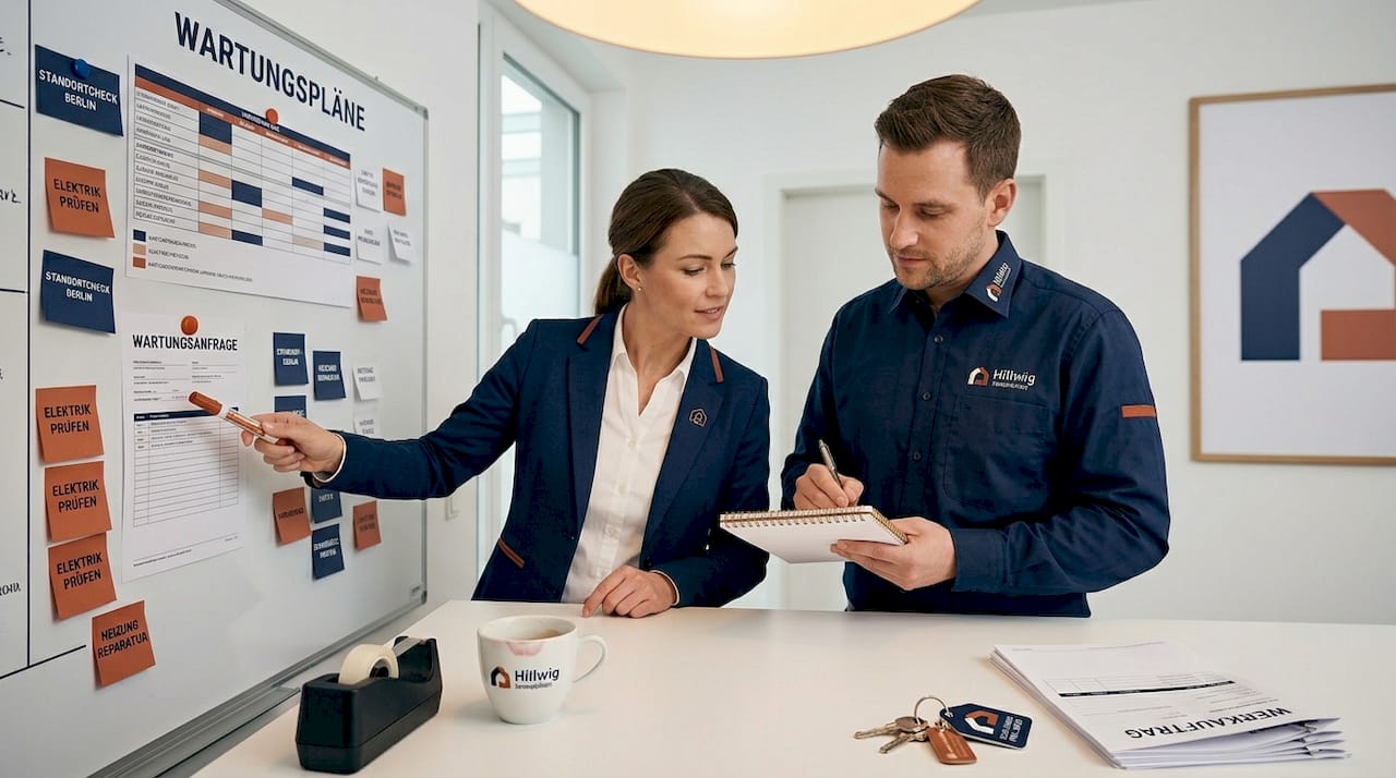 Zwei Hausverwalter besprechen die anstehenden Instandhaltungsarbeiten.