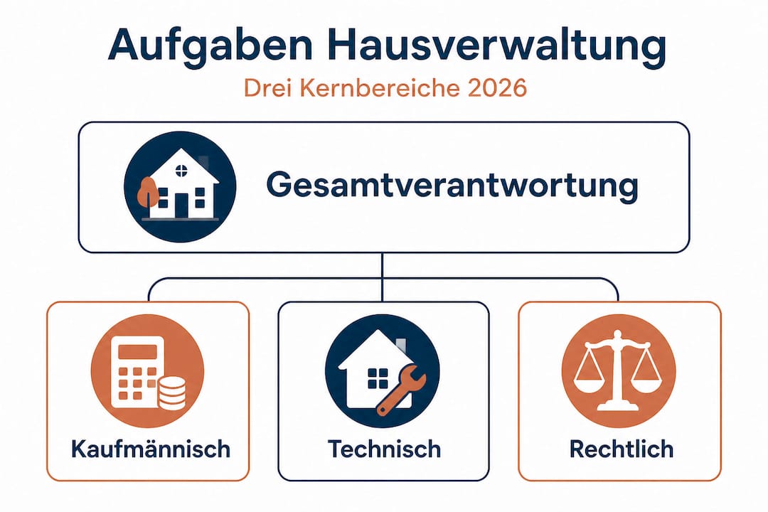 Übersichtsgrafik: Die drei zentralen Aufgabenbereiche einer Hausverwaltung